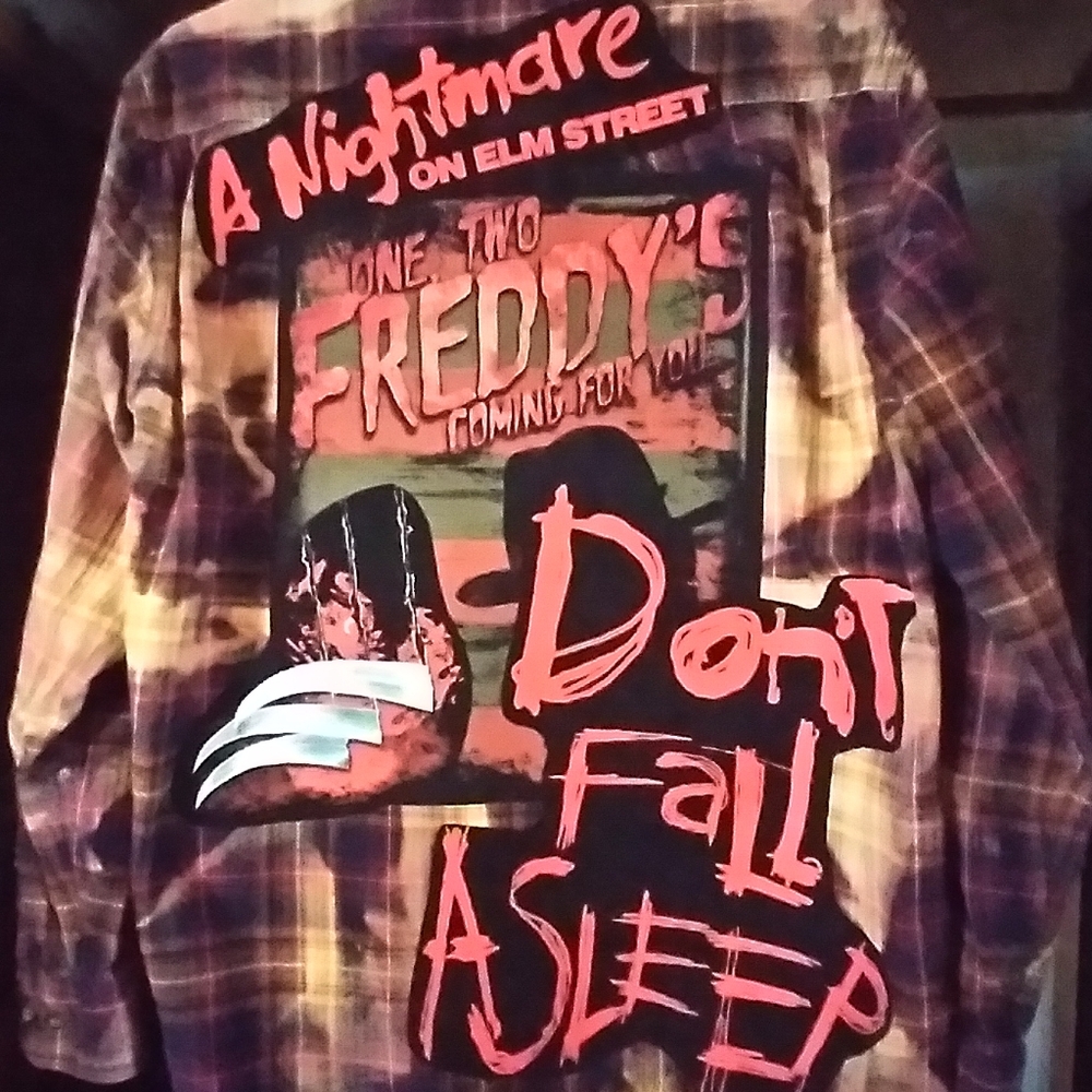 upcycled bleached flannel shirt w/ custom NIGHTMARE ON ELM STREET back patch - Picture 2 of 4
